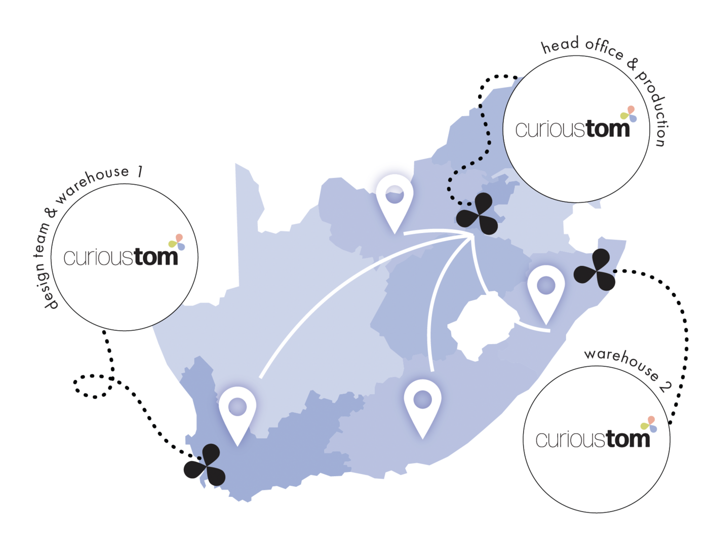 Map of South Africa showing Curious Tom's head office, warehouses and nationwide reach
